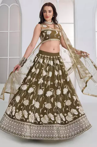 Mehandi Green Net sequin embroidered lehenga set with choli and Dupatta