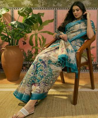 teal linen cotton blend digital printed floral saree 2