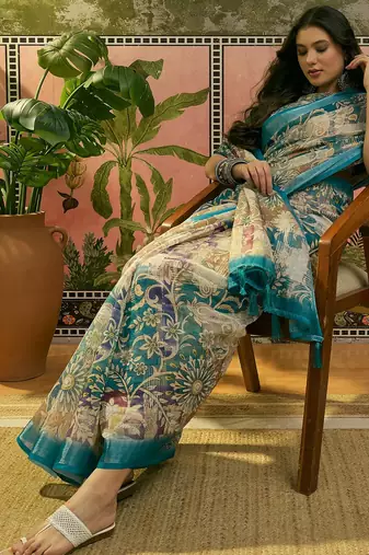 teal linen cotton blend digital printed floral saree