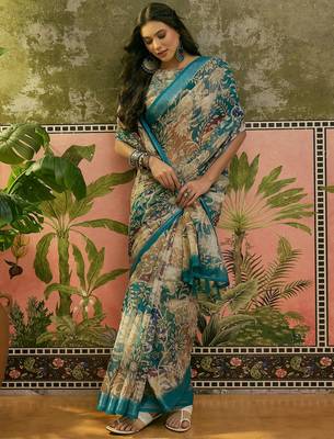 teal linen cotton blend digital printed floral saree 3