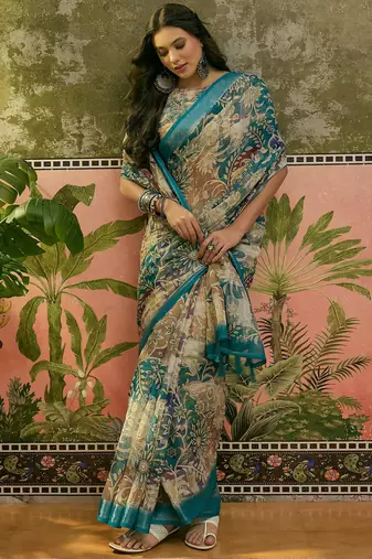 teal linen cotton blend digital printed floral saree