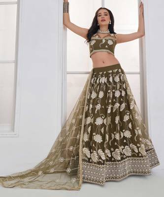 Mehandi Green Net sequin embroidered lehenga set with choli and Dupatta 4