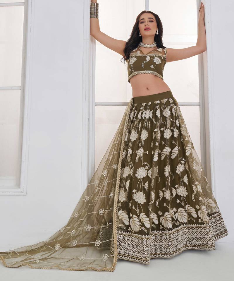 Mehandi Green Net sequin embroidered lehenga set with choli and Dupatta