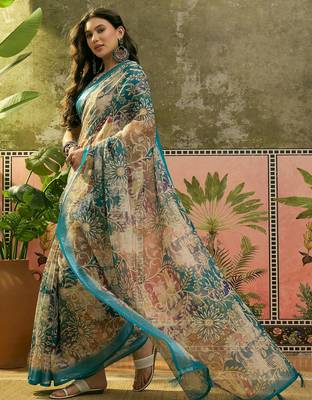 teal linen cotton blend digital printed floral saree 4
