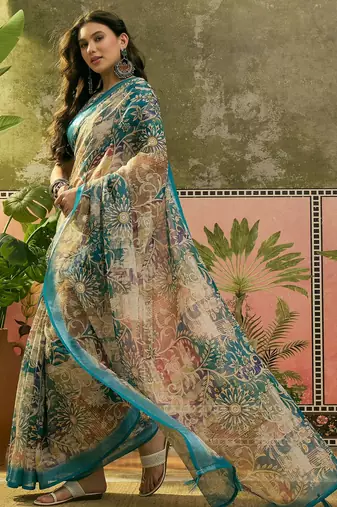 teal linen cotton blend digital printed floral saree