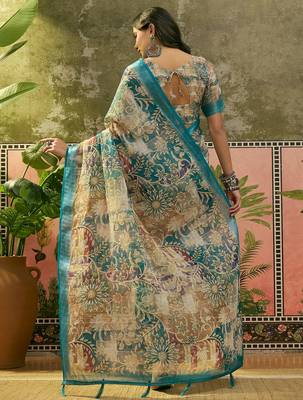 teal linen cotton blend digital printed floral saree 5