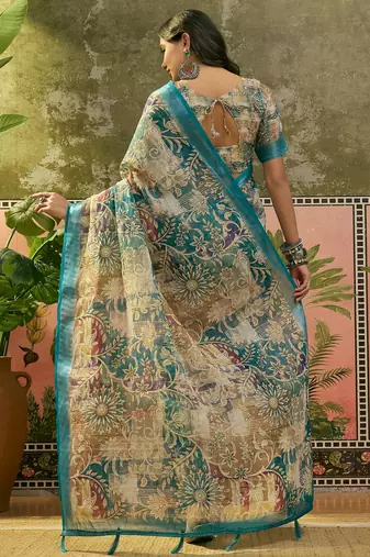 teal linen cotton blend digital printed floral saree