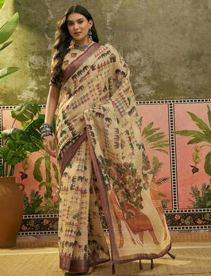 beige linen cotton blend digital printed ethnic motif saree 1