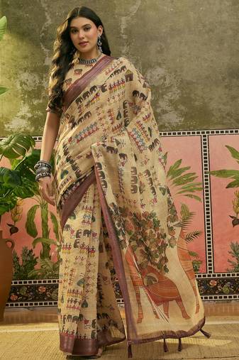beige linen cotton blend digital printed ethnic motif saree