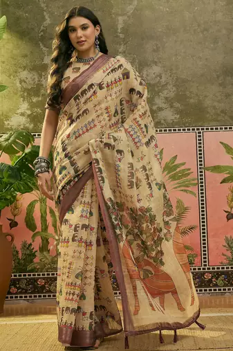beige linen cotton blend digital printed ethnic motif saree