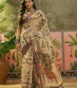 beige linen cotton blend digital printed ethnic motif saree
