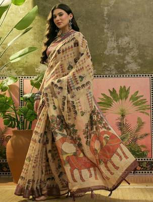 beige linen cotton blend digital printed ethnic motif saree 2