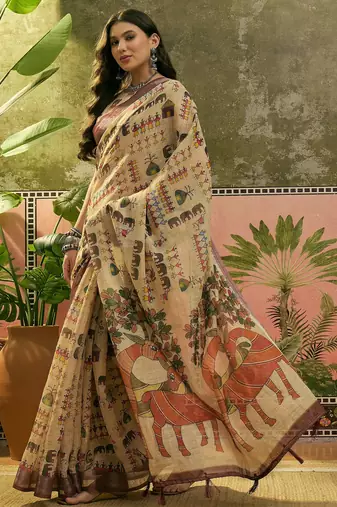 beige linen cotton blend digital printed ethnic motif saree