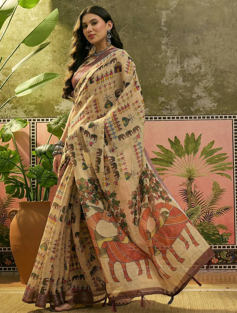 beige linen cotton blend digital printed ethnic motif saree