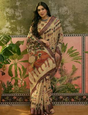 beige linen cotton blend digital printed ethnic motif saree 3