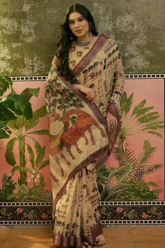 beige linen cotton blend digital printed ethnic motif saree