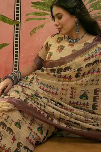 beige linen cotton blend digital printed ethnic motif saree