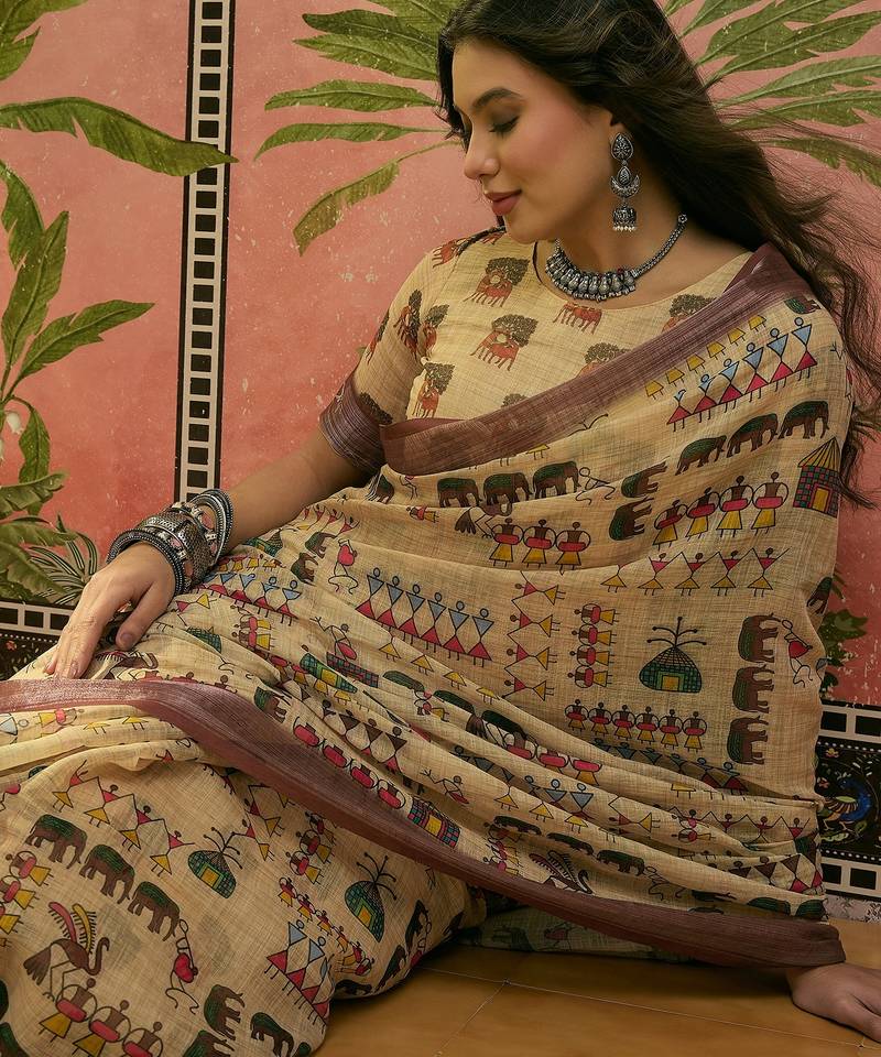 beige linen cotton blend digital printed ethnic motif saree