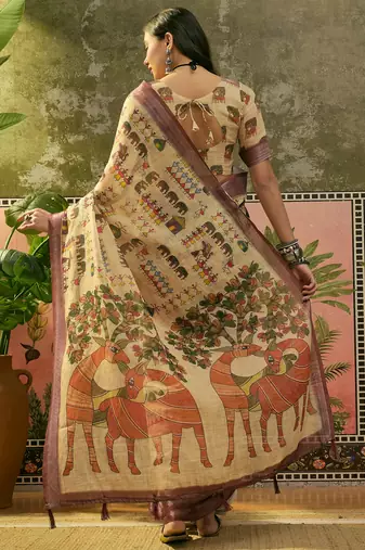 beige linen cotton blend digital printed ethnic motif saree