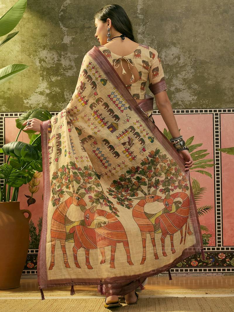 beige linen cotton blend digital printed ethnic motif saree