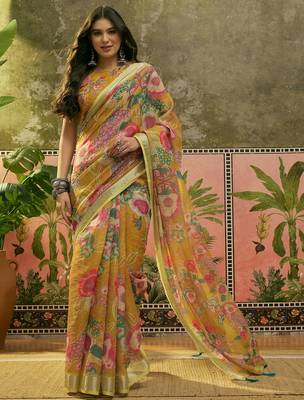 mustard linen cotton blend digital printed floral saree 1