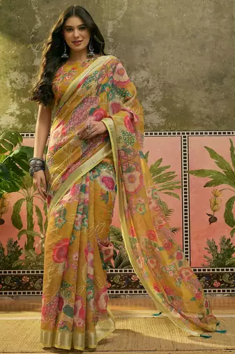 mustard linen cotton blend digital printed floral saree