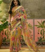 mustard linen cotton blend digital printed floral saree