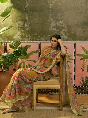 mustard linen cotton blend digital printed floral saree 2
