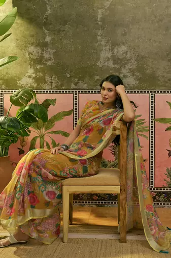 mustard linen cotton blend digital printed floral saree