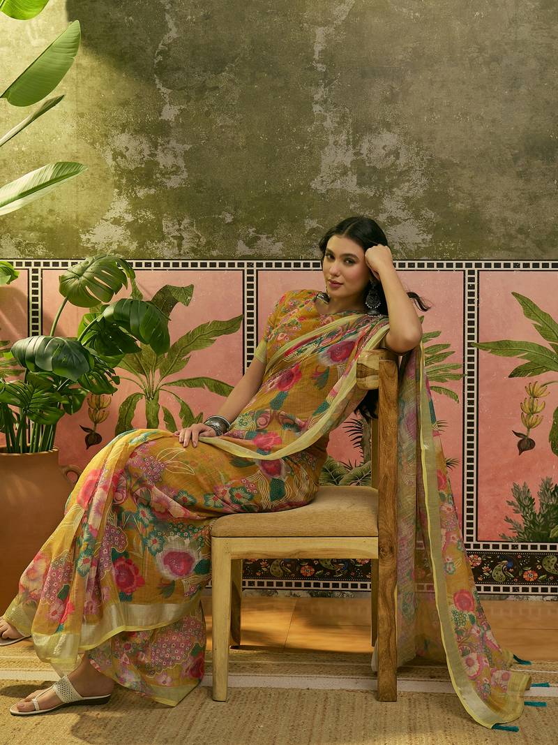 mustard linen cotton blend digital printed floral saree