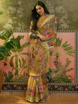 mustard linen cotton blend digital printed floral saree 3