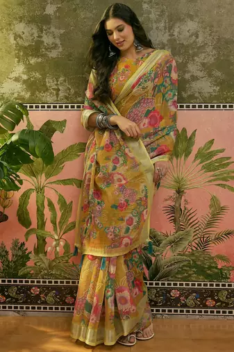mustard linen cotton blend digital printed floral saree