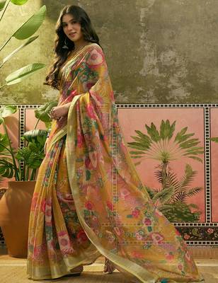 mustard linen cotton blend digital printed floral saree 4