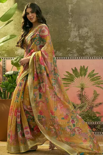 mustard linen cotton blend digital printed floral saree
