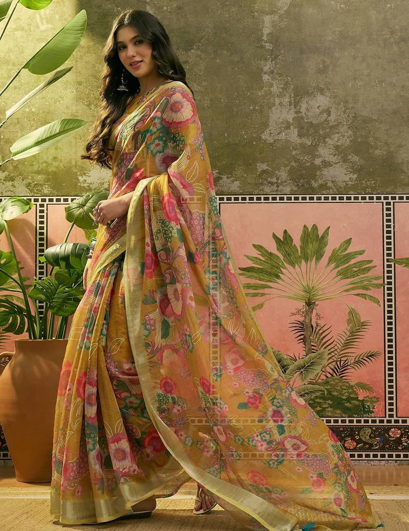 mustard linen cotton blend digital printed floral saree