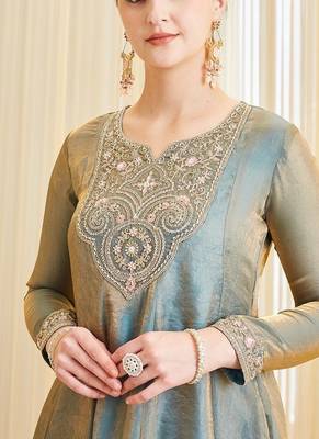 Women's Gorgeous Embroidery Work Fandy Silk Fabric Flared Kurta Palazzo and Dupatta Set 2