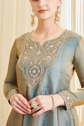 Women's Gorgeous Embroidery Work Fandy Silk Fabric Flared Kurta Palazzo and Dupatta Set