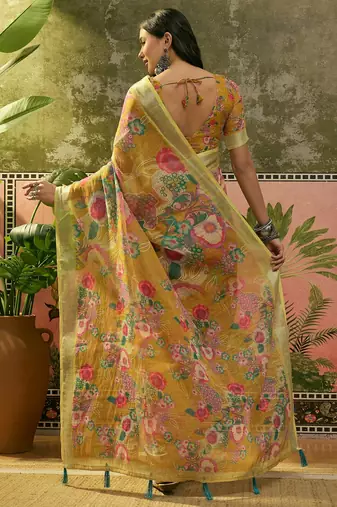 mustard linen cotton blend digital printed floral saree