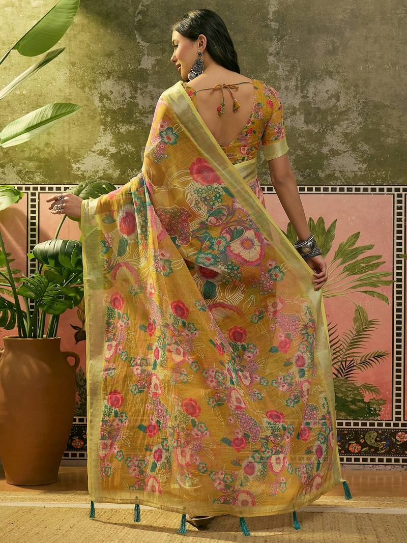 mustard linen cotton blend digital printed floral saree