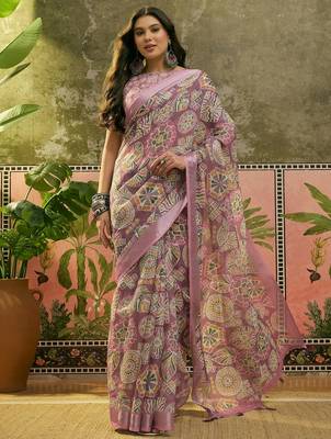 mauve linen cotton blend digital printed ethnic motif saree 1