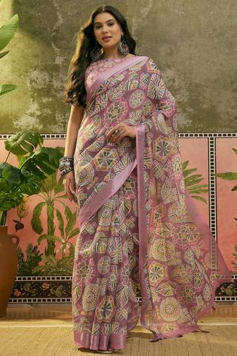 mauve linen cotton blend digital printed ethnic motif saree