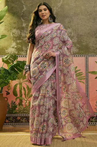 mauve linen cotton blend digital printed ethnic motif saree