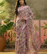 mauve linen cotton blend digital printed ethnic motif saree