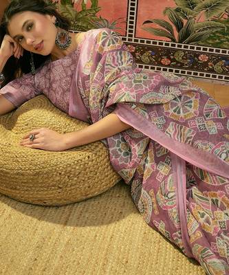 mauve linen cotton blend digital printed ethnic motif saree 2
