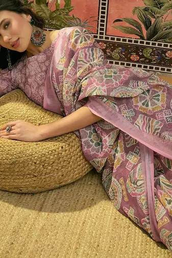 mauve linen cotton blend digital printed ethnic motif saree