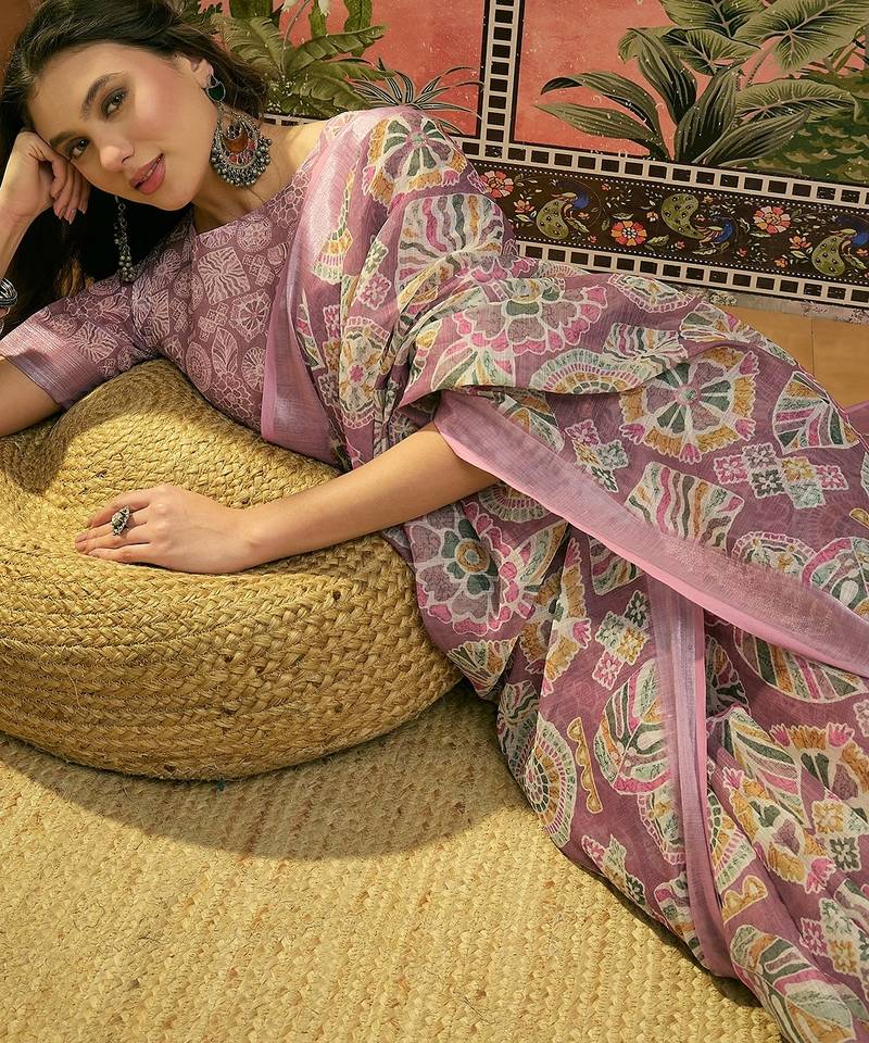 mauve linen cotton blend digital printed ethnic motif saree