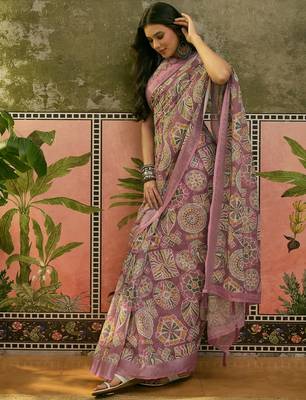 mauve linen cotton blend digital printed ethnic motif saree 3