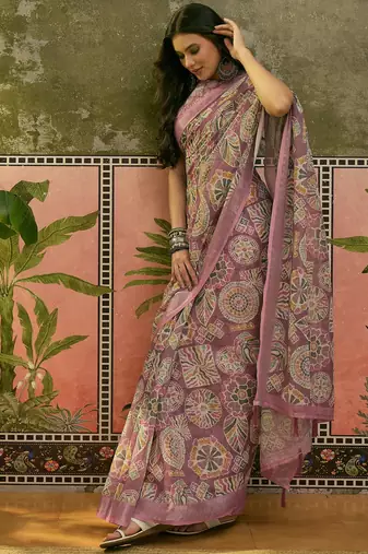 mauve linen cotton blend digital printed ethnic motif saree