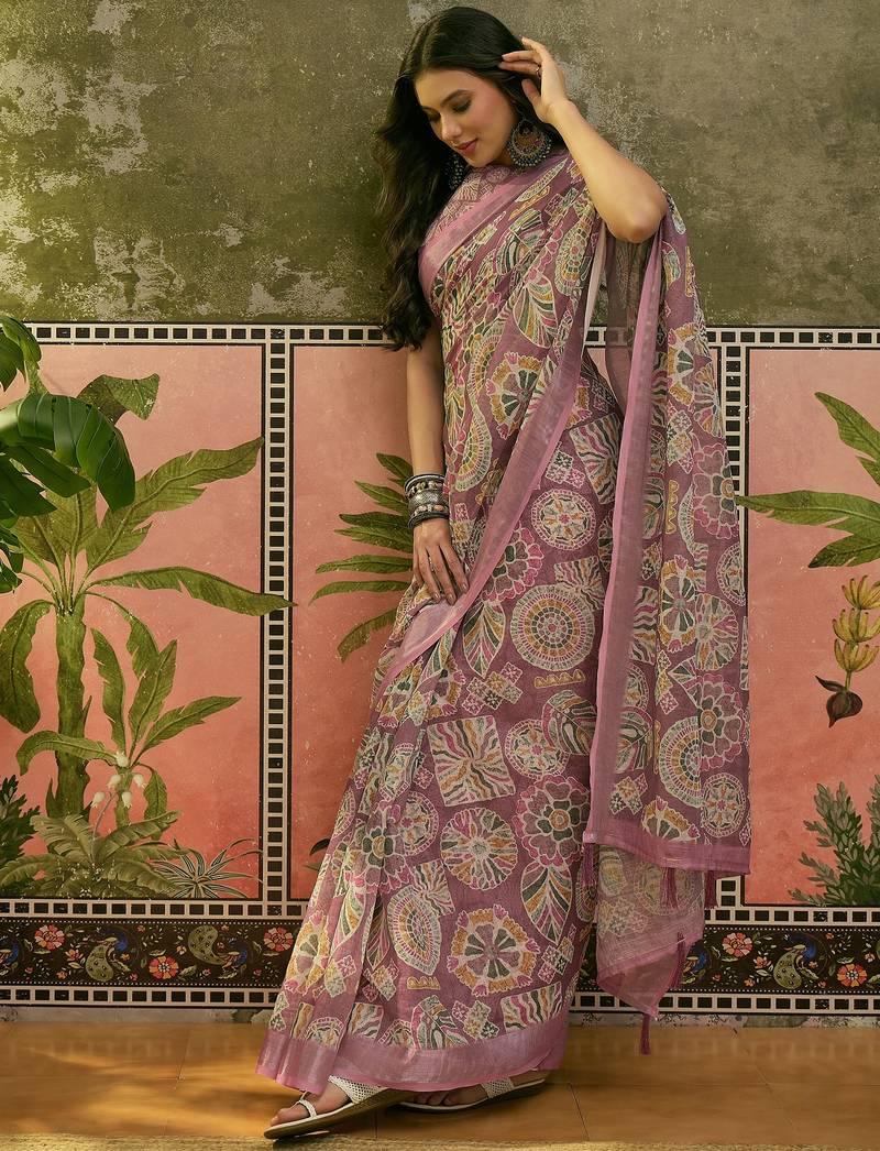 mauve linen cotton blend digital printed ethnic motif saree
