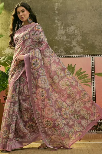 mauve linen cotton blend digital printed ethnic motif saree
